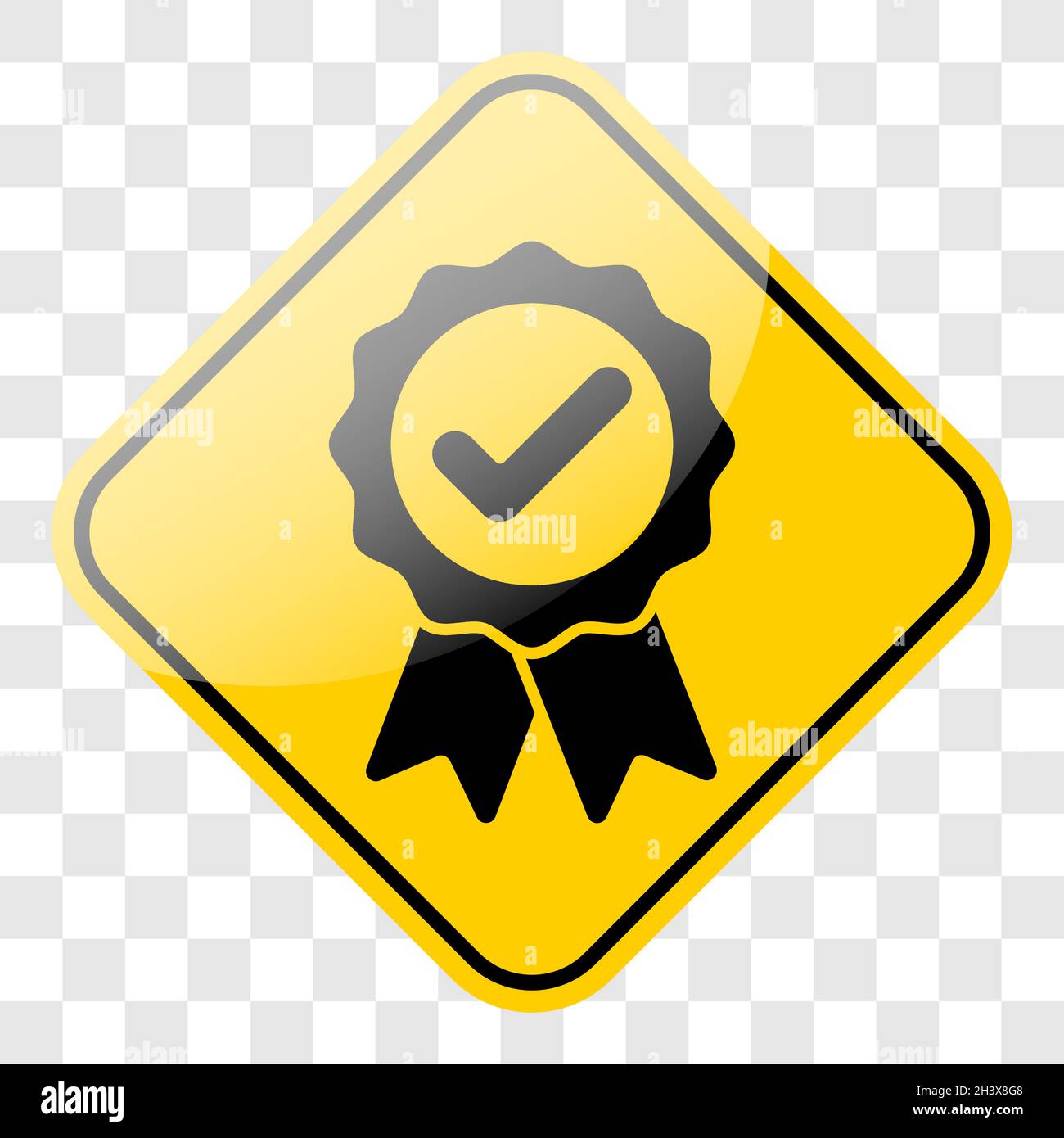 Badge approvato sulla cornice del cartello stradale giallo. Icona con il simbolo della medaglia nera. Illustrazione vettoriale. Sfondo trasparente. Illustrazione Vettoriale