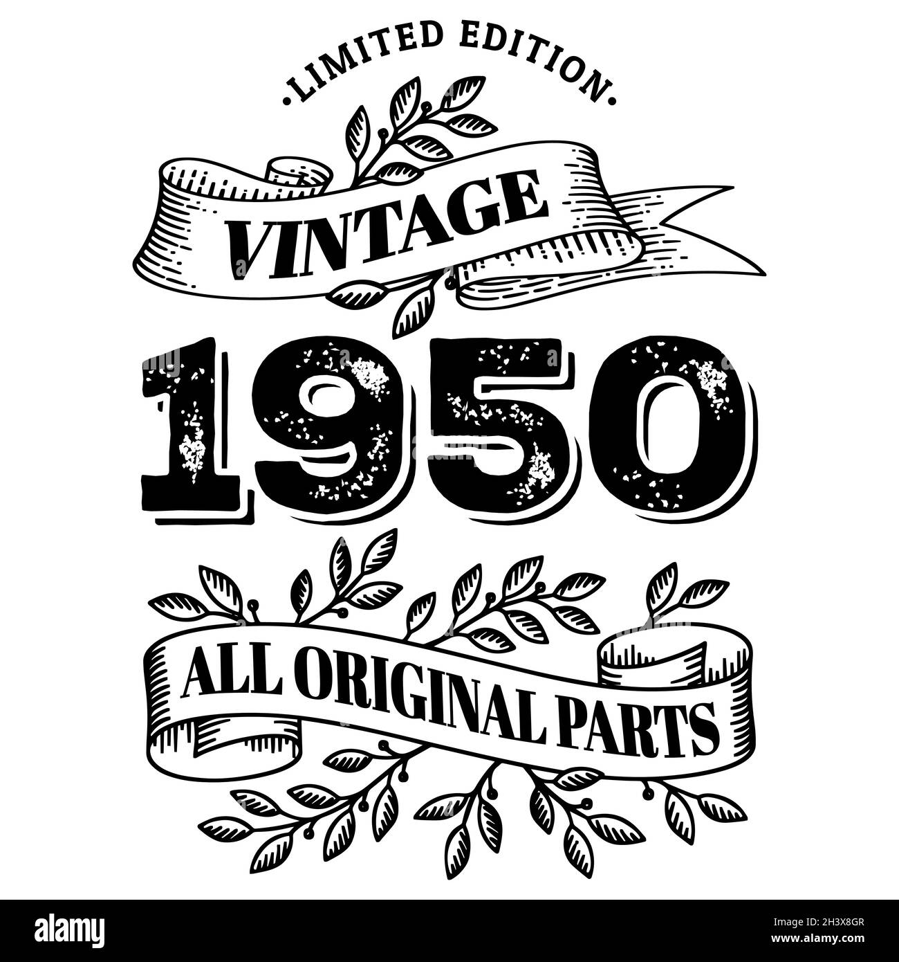 1950 edizione limitata vintage tutte le parti originali. T shirt o disegno di testo della cartolina di compleanno. Illustrazione vettoriale isolata su sfondo bianco. Illustrazione Vettoriale