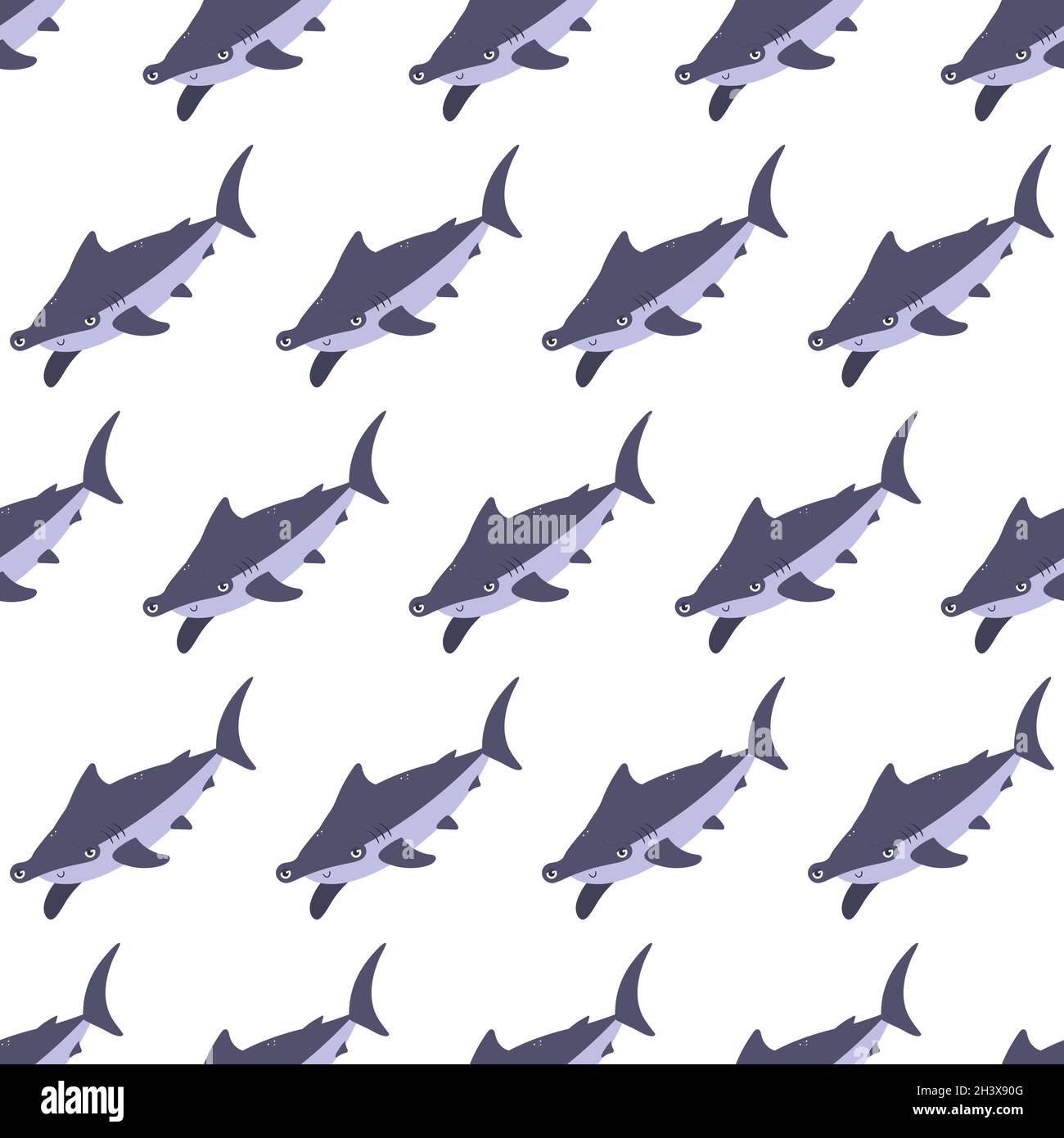 Animale marino senza giunture con squalo a testa di cetrido. Gli habitat sottomarini del mondo stampano. Illustrazione del vettore di vita subacqueo disegnata a mano. Divertente personaggio di animali marini cartoon per tessuto capretto, tessile. Illustrazione Vettoriale