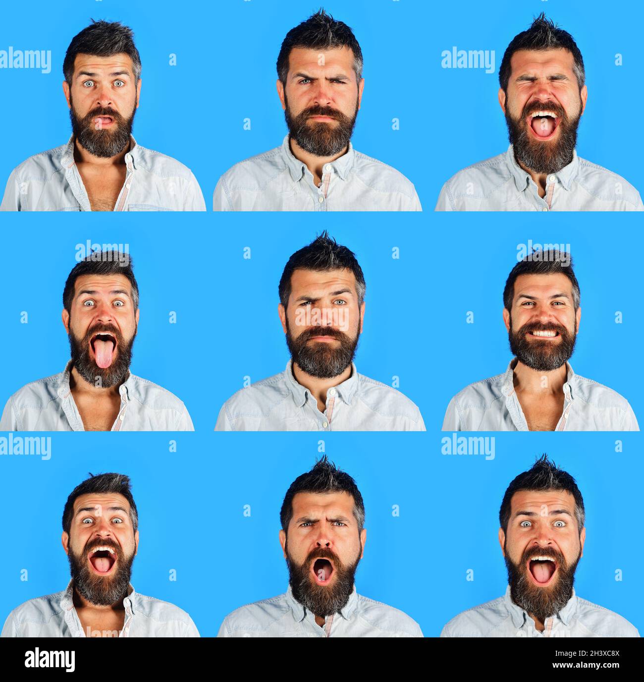 Collage di emozioni diverse dell'uomo barbuto. Emozioni umane. Sensazioni ed emozioni. Set di ritratti emotivi maschili. Foto Stock