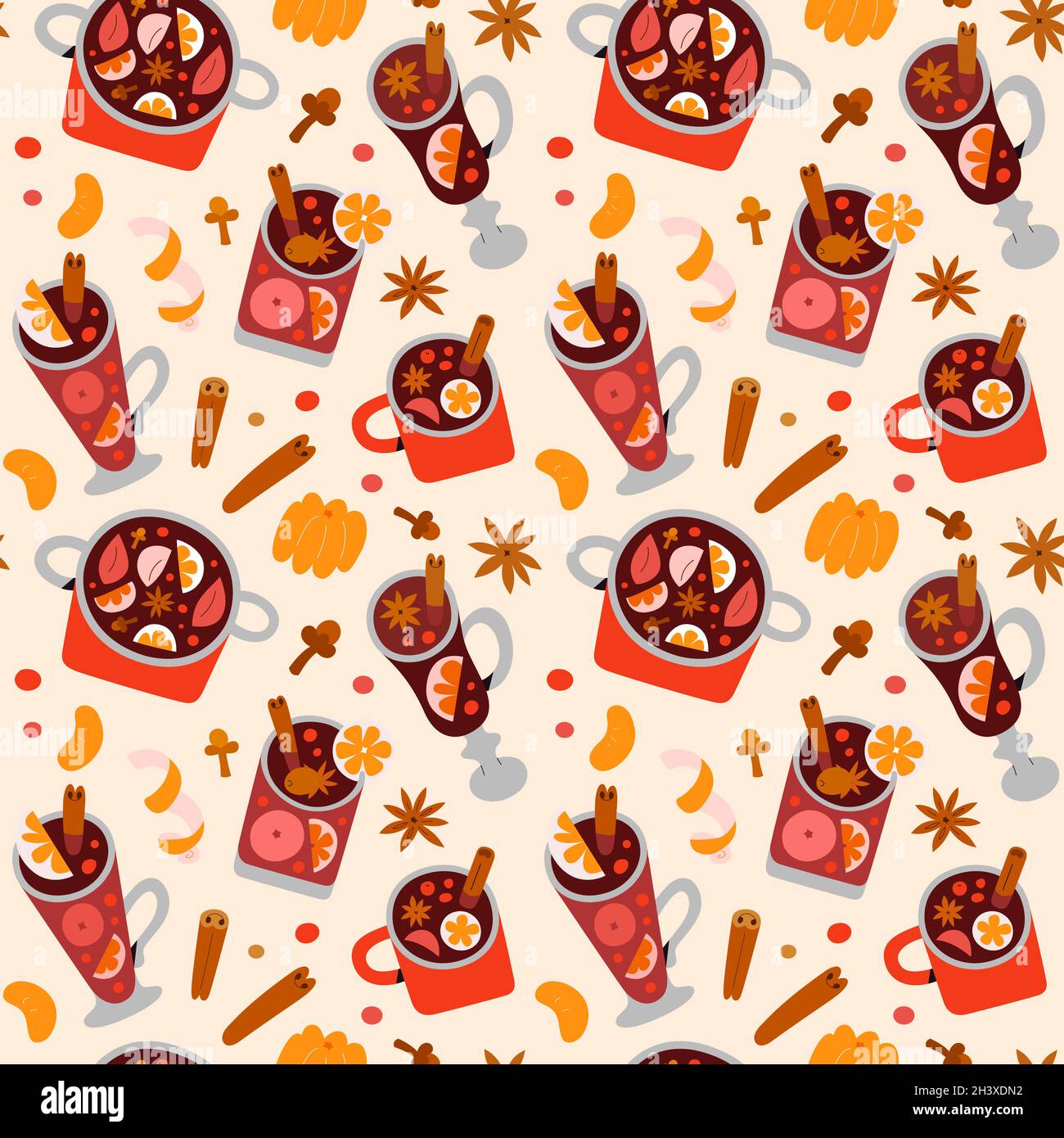 Motivo VIN brulé, bevande natalizie in bicchieri e tazze decorate con spezie, condimenti e frutta, aroma cannella e chiodi di garofano, senza giunture Illustrazione Vettoriale