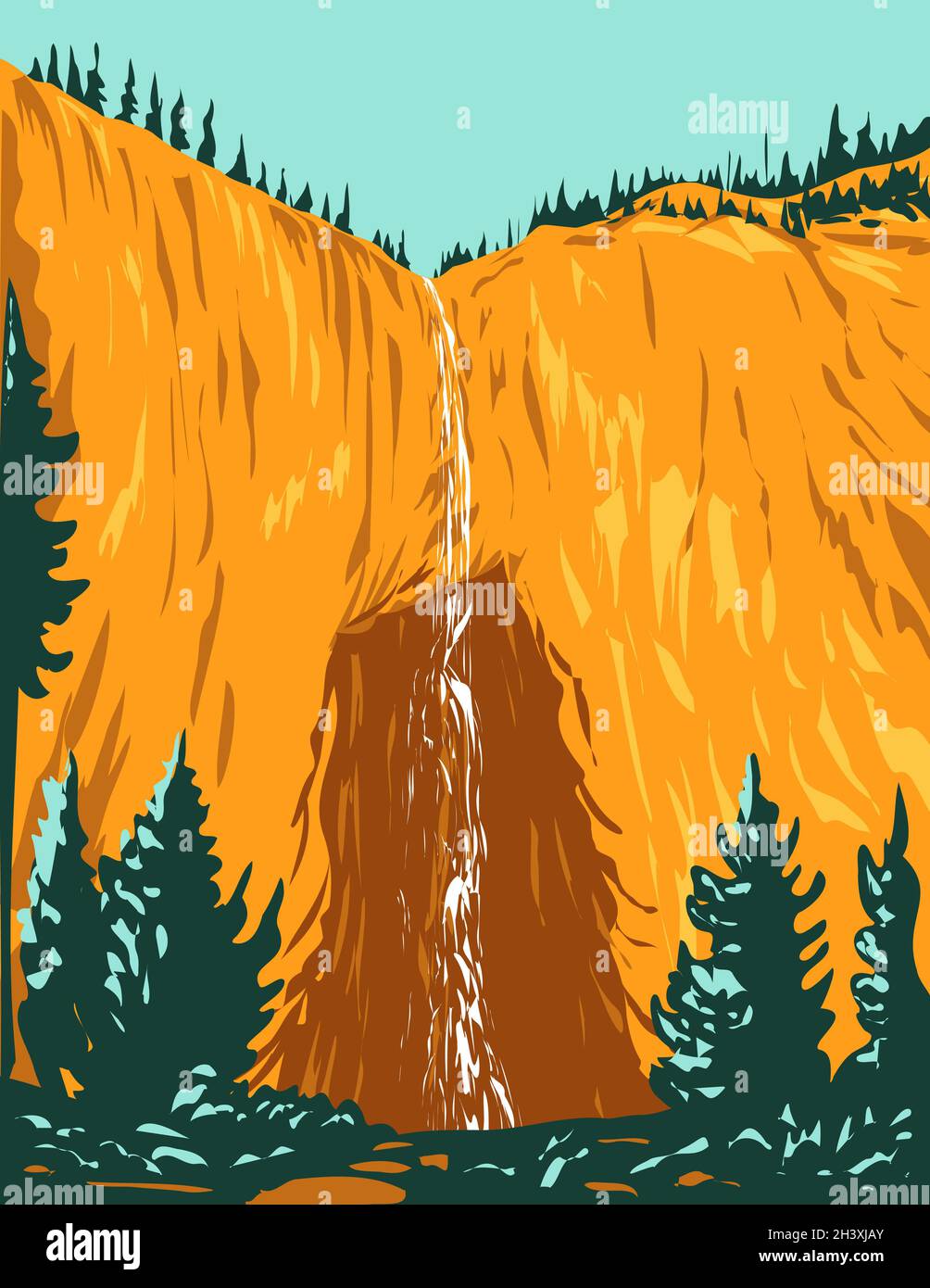 Fairy Falls una delle cascate più alte di Yellowstone all'interno del parco nazionale di Yellowstone Teton County Wyoming USA WPA Poster Art Foto Stock