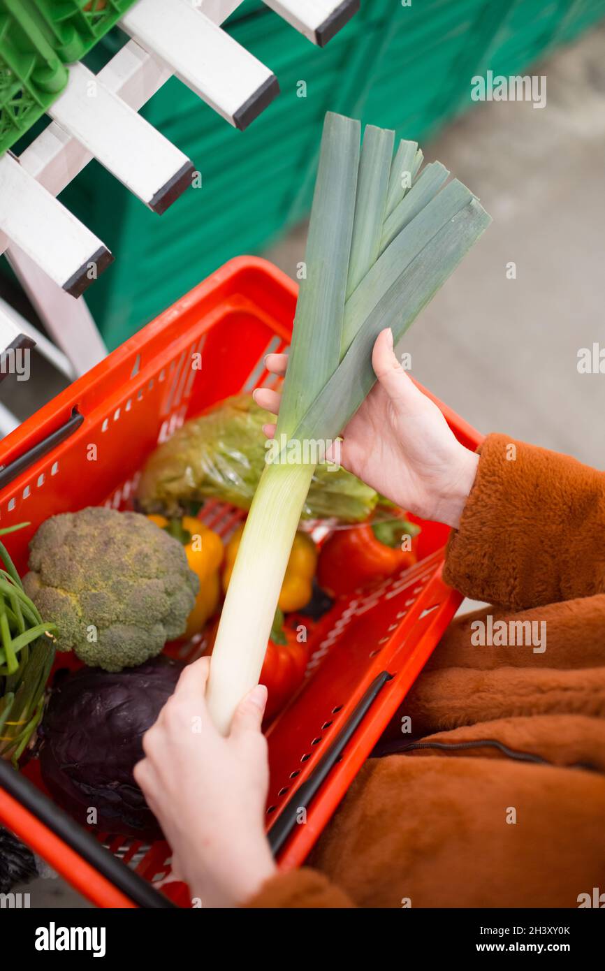 Cestino con verdure ed erbe e una mano femminile. Foto Stock