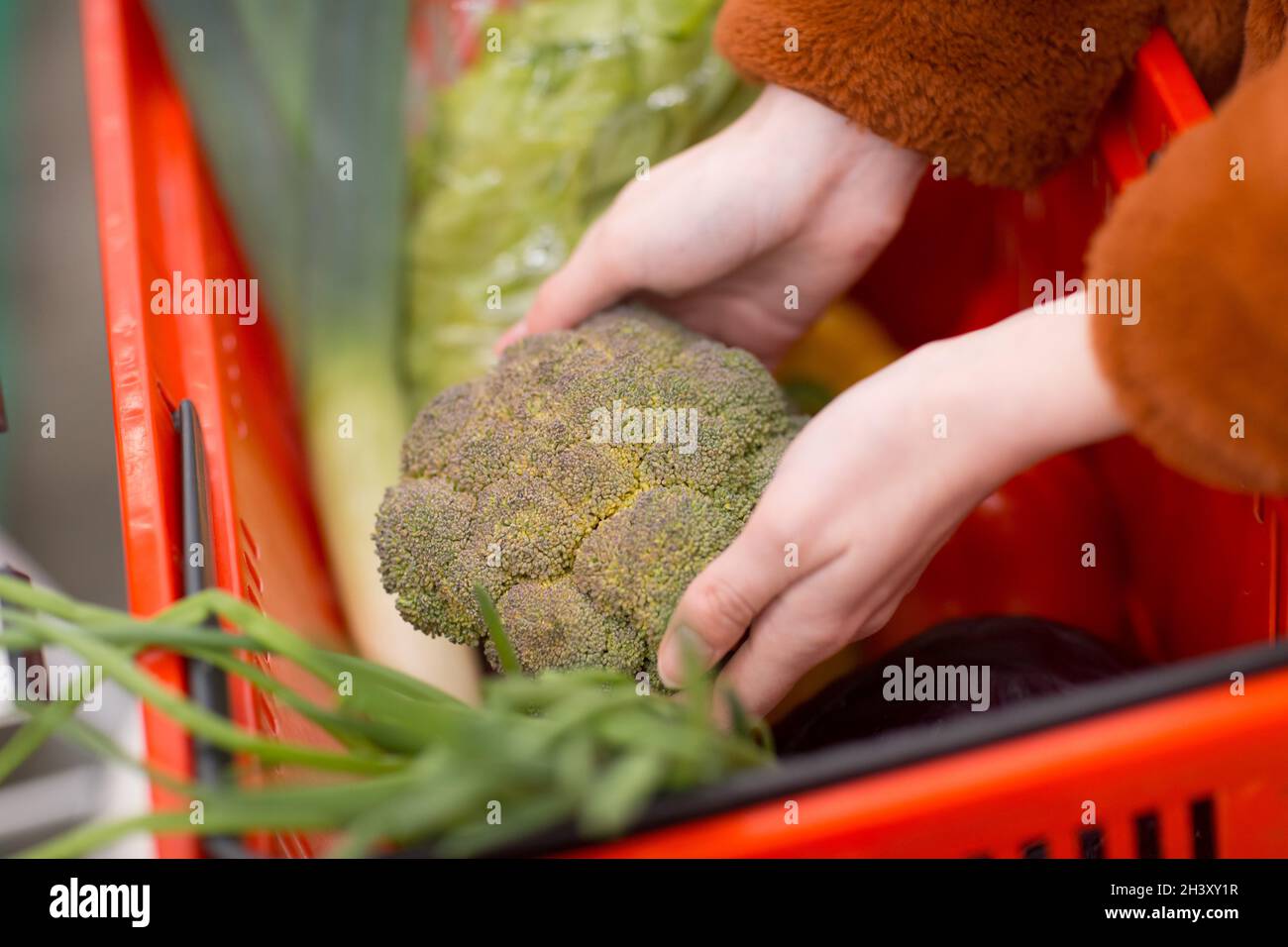 Cestino con verdure e erbe di broccoli e una mano femminile. Foto Stock