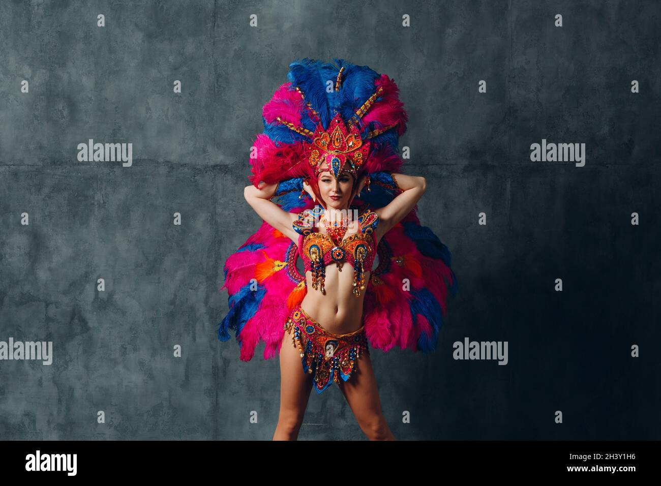 Donna in brasiliano samba carnevale costume con piume colorate piumaggio Foto Stock