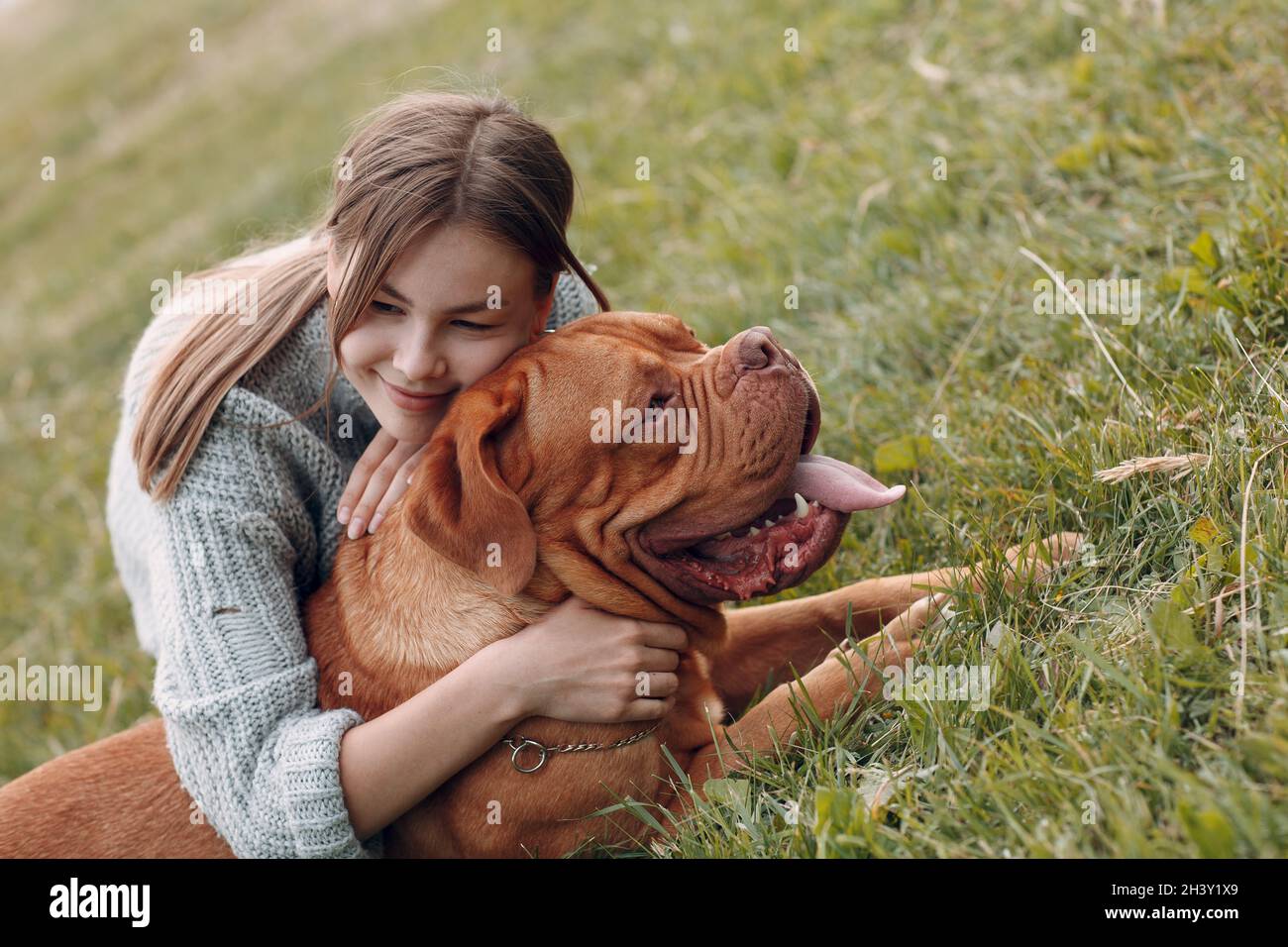 Dogue de Bordeaux o francese Mastiff con giovane donna a. prato all'aperto Foto Stock