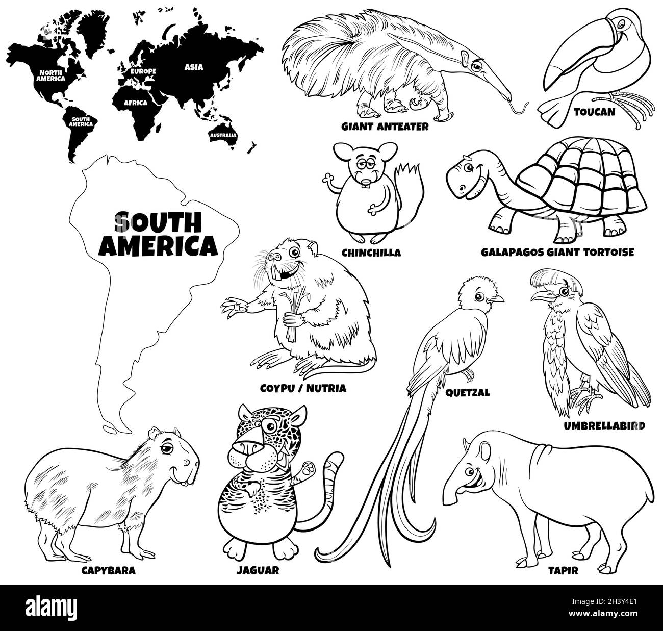 Cartoon South American Animali Set coloring pagina libro Foto Stock