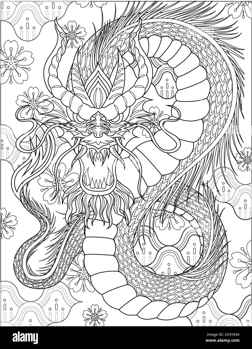 Fronte di fronte al drago arrabbiato con corpo lungo e Horns disegno di linea incolore. Mitico Drake Beast Forward Looking incolore linea D Foto Stock