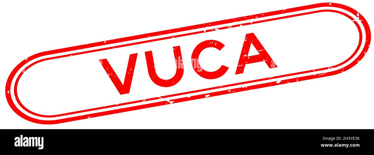 Grunge rosso VUCA (abbreviazione di volatilità, incertezza, complessità e ambiguità) parola gomma sigillo timbro su sfondo bianco Illustrazione Vettoriale