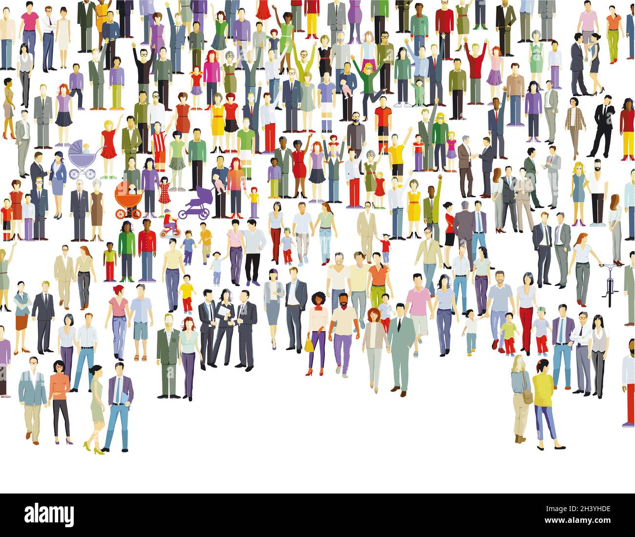 Grande gruppo di persone isolate su bianco, llustration Foto Stock