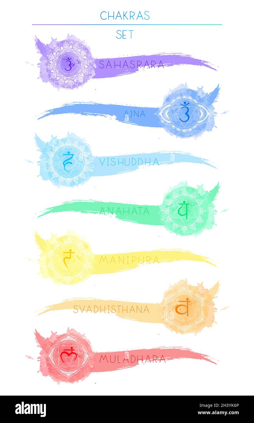 Illustrazione vettoriale di sette simboli chakra e watercolor blot. Immagine a colori su sfondo bianco. Illustrazione Vettoriale