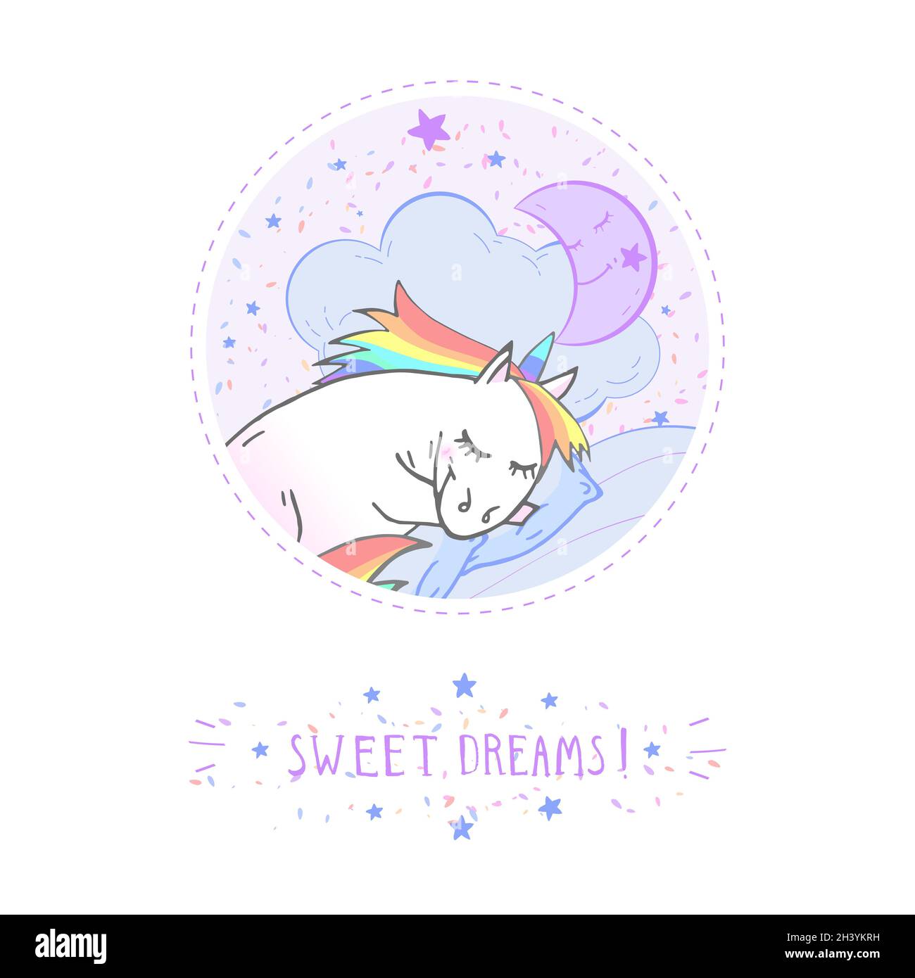 Adesivo vettoriale o icona con simpatico unicorno disegnato a mano, stelle, luna e testo - SOGNI DOLCI! Sullo sfondo. Per il tuo design. Stile cartoon. Colorato Illustrazione Vettoriale