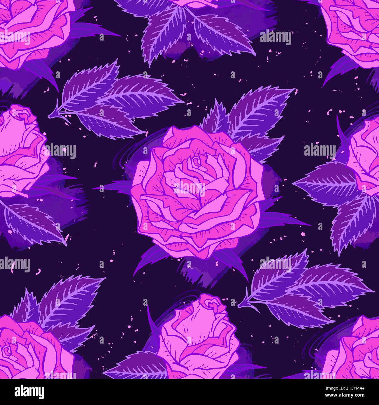 Pattern vettoriale senza giunture con rose disegnate a mano ed elementi acquerelli. Nei colori rosa e viola. Illustrazione Vettoriale