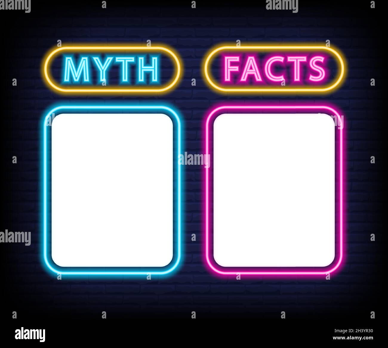 Miti e fatti check list concetto. Illustrazione del vettore al neon. Illustrazione Vettoriale