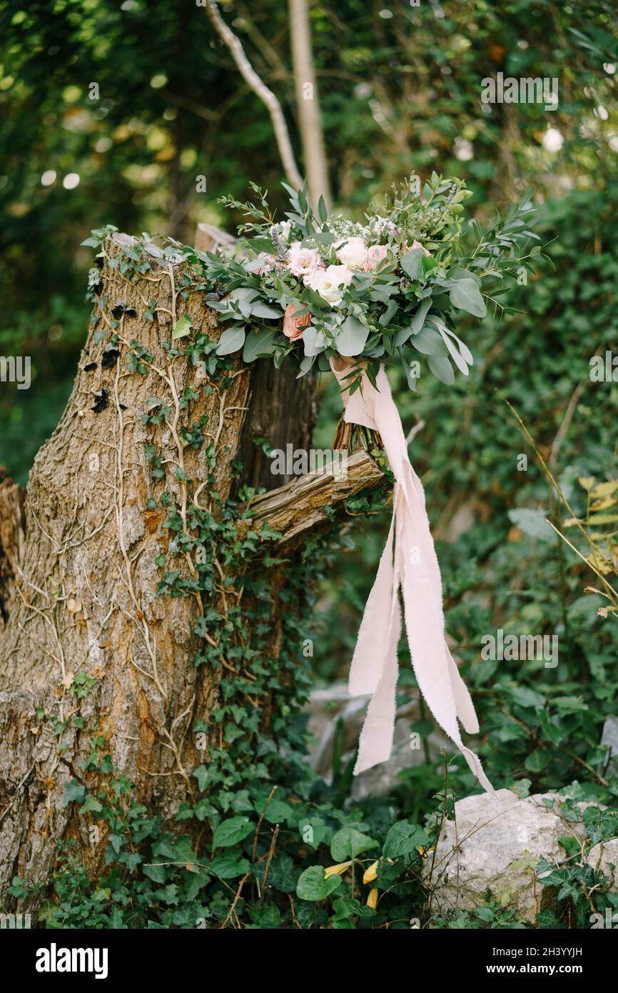 Bouquet nuziale di rose bianche e rosa, eustoma, rami di eucalipto e bosso, astilbe e nastri rosa su un moncone asciutto Foto Stock