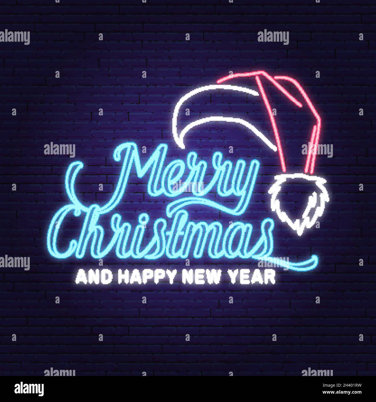 Buon Natale e buon anno neon segno con Babbo Natale cappello invernale. Vector Vintage typography design for xmas, emblema del nuovo anno 2022 in retrò Illustrazione Vettoriale