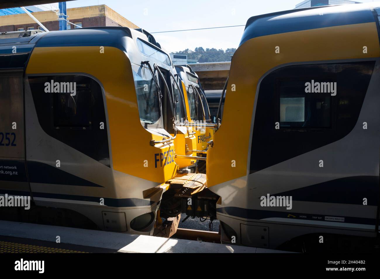 Treni elettrici suburbani alla stazione di Wellington, Isola del Nord, Nuova Zelanda Foto Stock