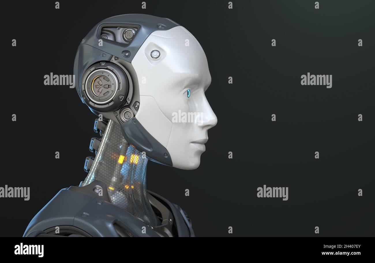 Ritratto del robot nel profilo. Illustrazione 3D Foto Stock
