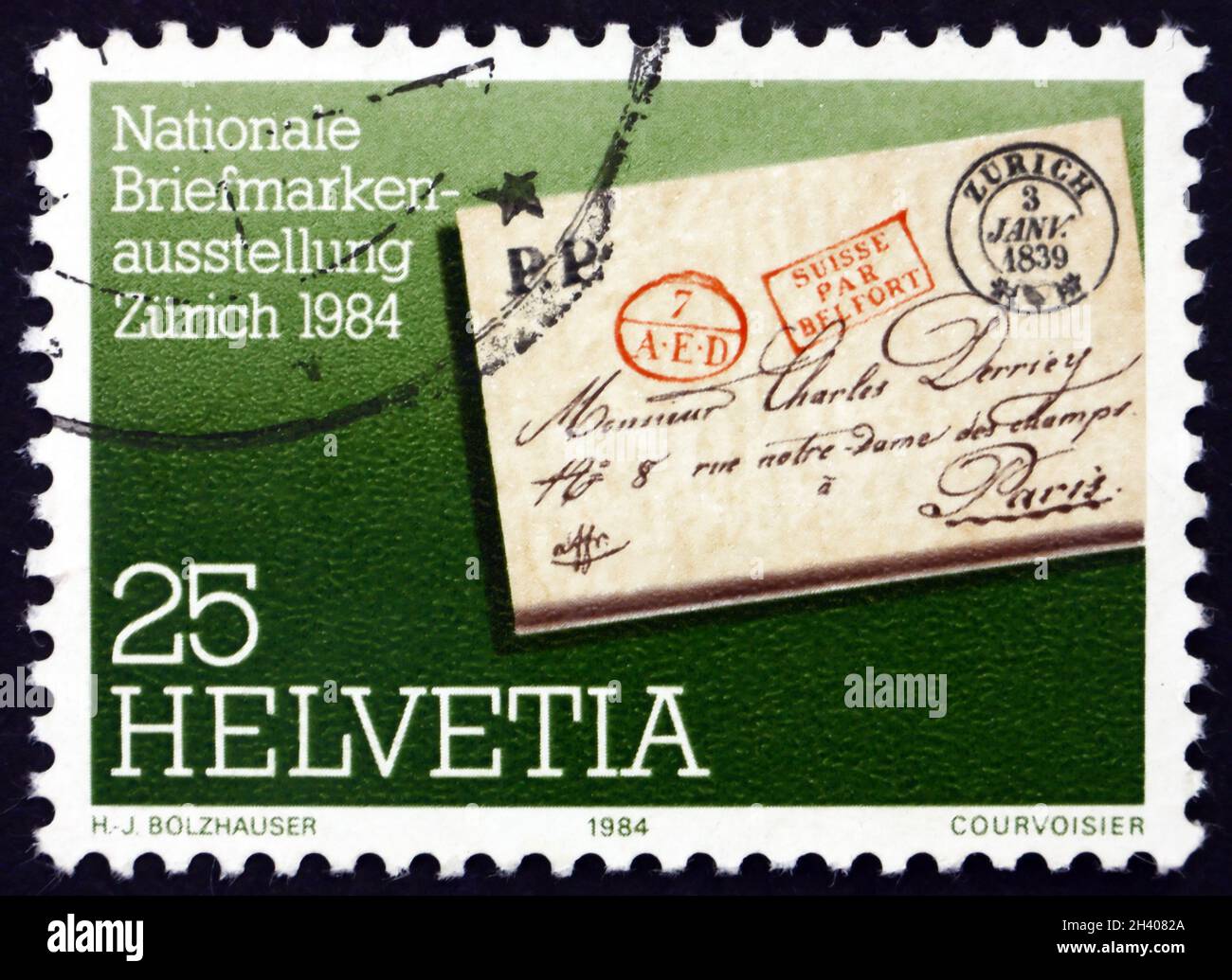 SVIZZERA - CIRCA 1984: Francobollo stampato in Svizzera dedicato al National Stamp Show di Zurigo, circa 1984 Foto Stock