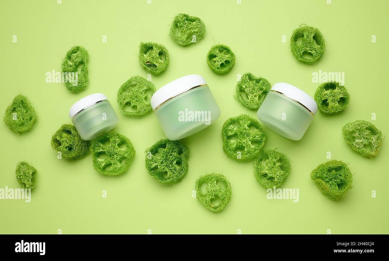 Vaso bianco vuoto per cosmetici su sfondo verde. Confezione per crema, gel, siero, pubblicità e promozione del prodotto. Mock up Foto Stock