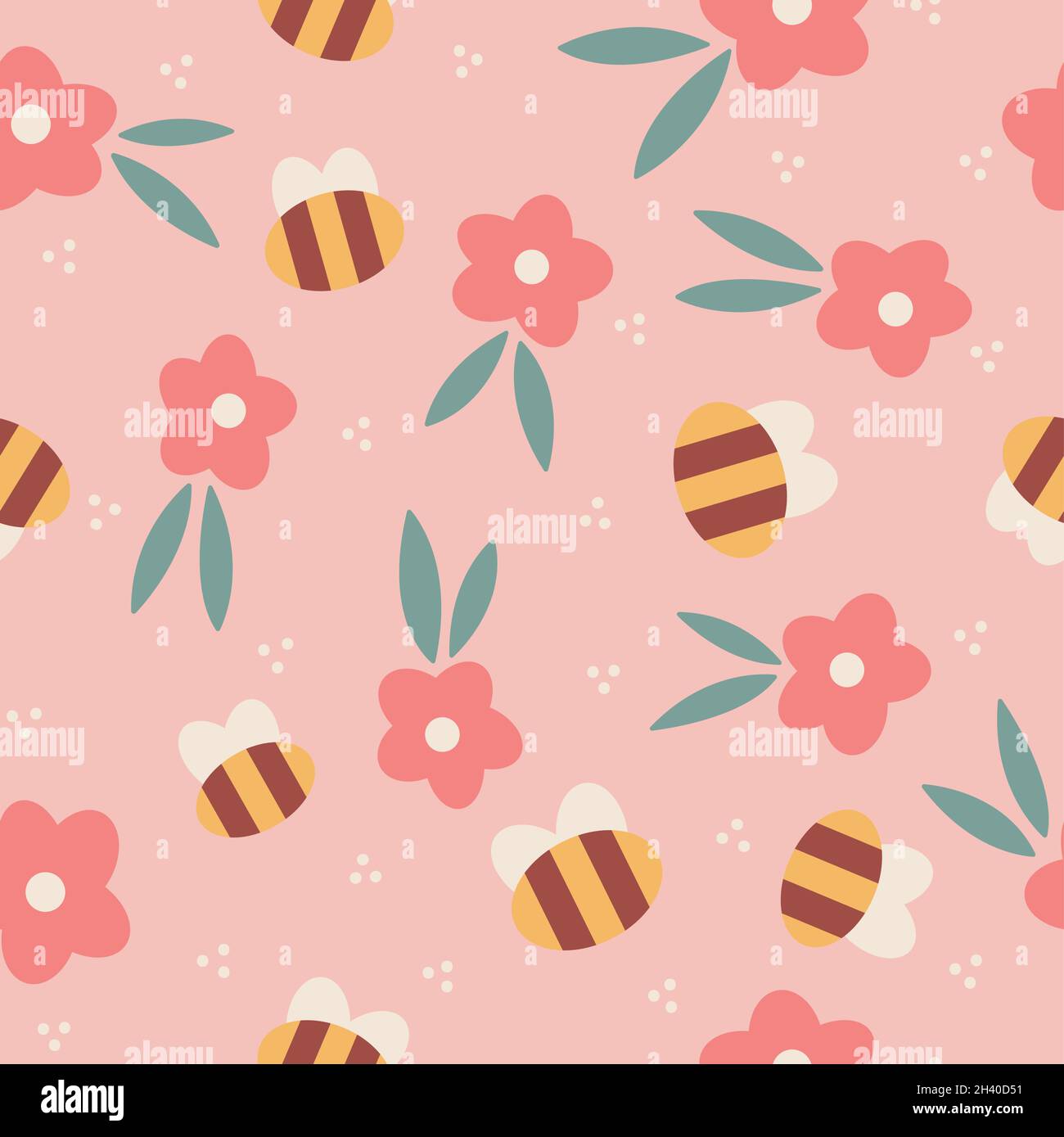 Design senza cuciture natura in primavera con api gialle e fiori rosa con foglie verdi e puntini bianchi con sfondo rosa Illustrazione Vettoriale
