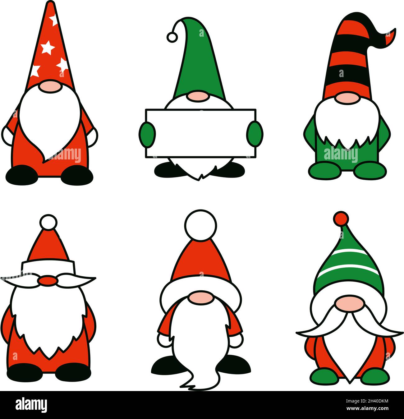 Set di illustrazioni cartoon gnomes o nane. Vettore isolato magia caratteri di Natale. Babbo Natale aiutanti. GNOME che tiene in mano il banner. Rosso Illustrazione Vettoriale