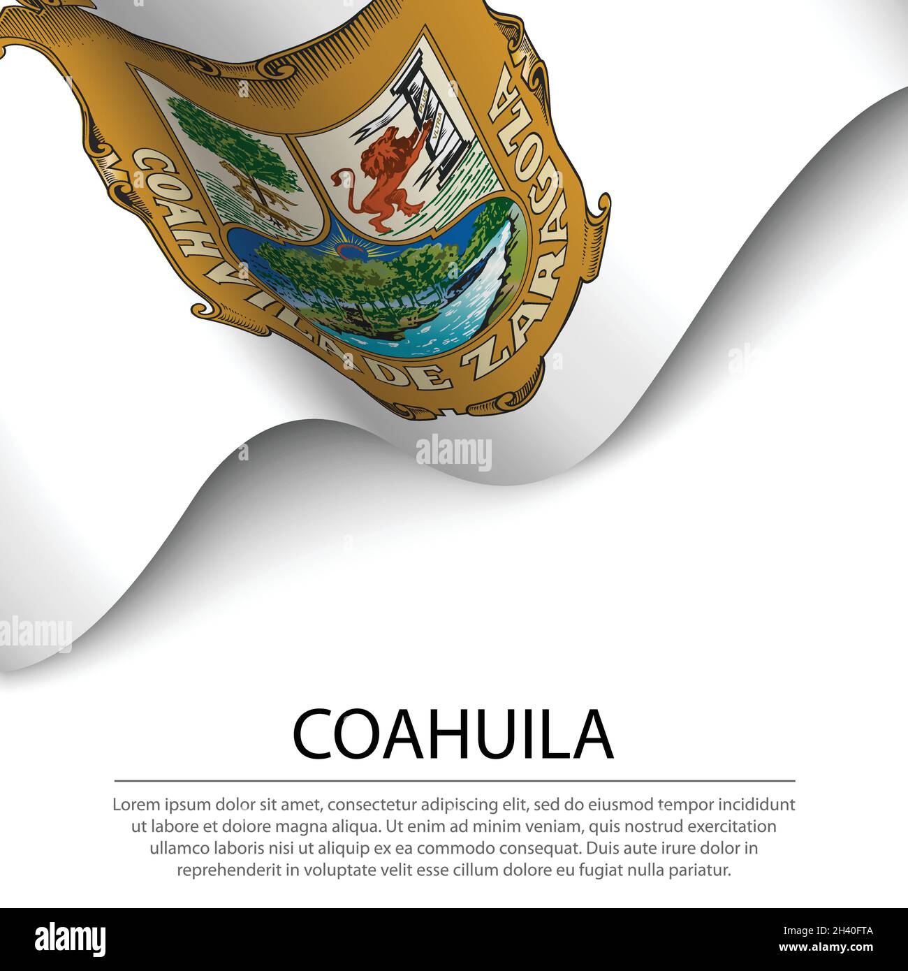 La bandiera di Coahuila è uno stato del Messico su sfondo bianco. Modello vettoriale banner o nastro Illustrazione Vettoriale