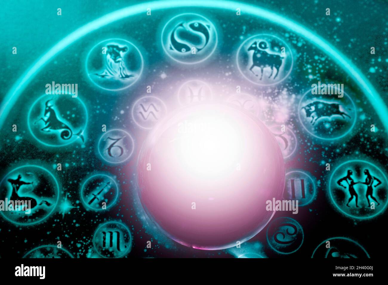 oroscopo con segni zodiacali e sfera di cristallo in tonalità verde e rosa come concetto di astrologia Foto Stock