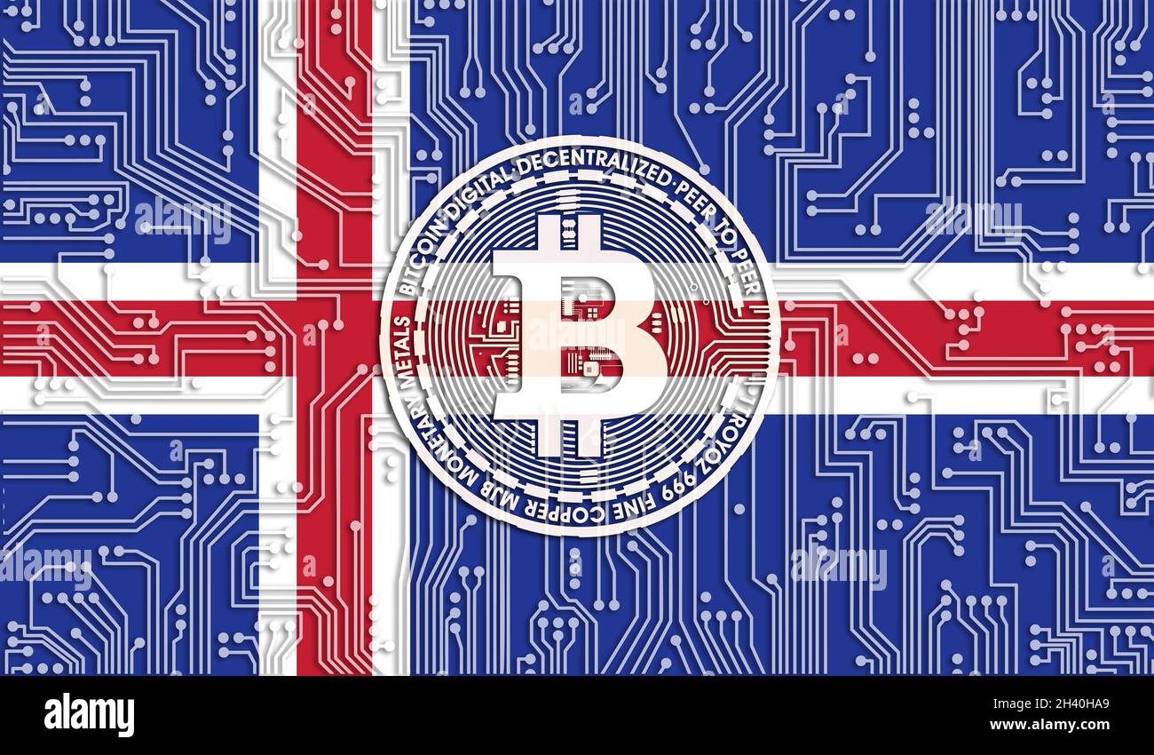 Flag of Iceland and and e bitcoin, schema di schede a circuito integrato. Crescita dello stock di Bitcoin. Immagine concettuale per investitori in criptovaluta e Blockchain T. Foto Stock
