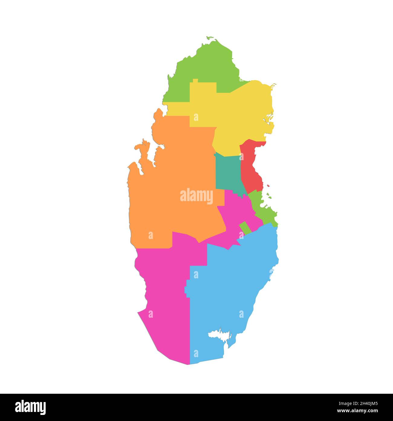 Mappa del Qatar, divisione amministrativa, separare le singole regioni con i nomi, mappa dei colori isolata su sfondo bianco, vuota Foto Stock