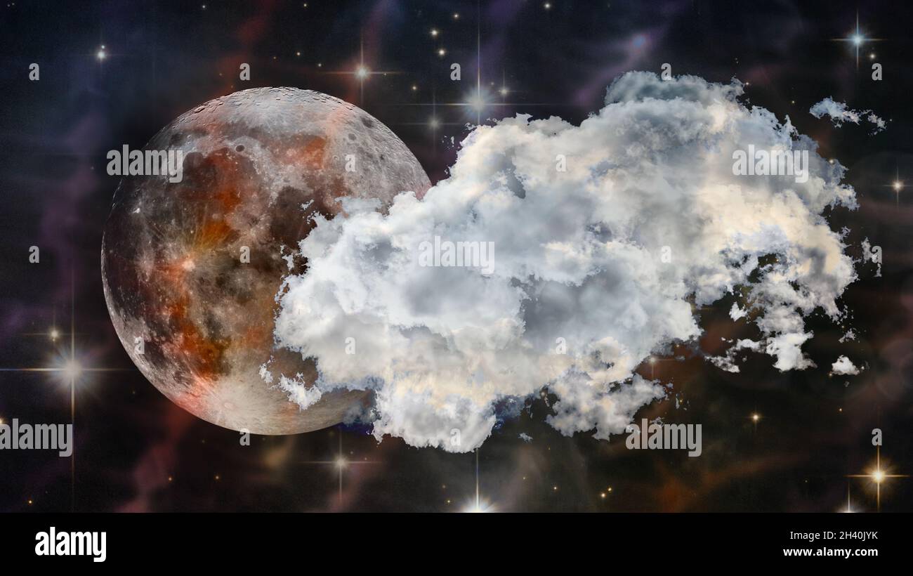 Luna super dietro una nuvola nel cielo stellato. Collage. Luna piena. Elementi di questa immagine forniti dalla NASA. Foto Stock