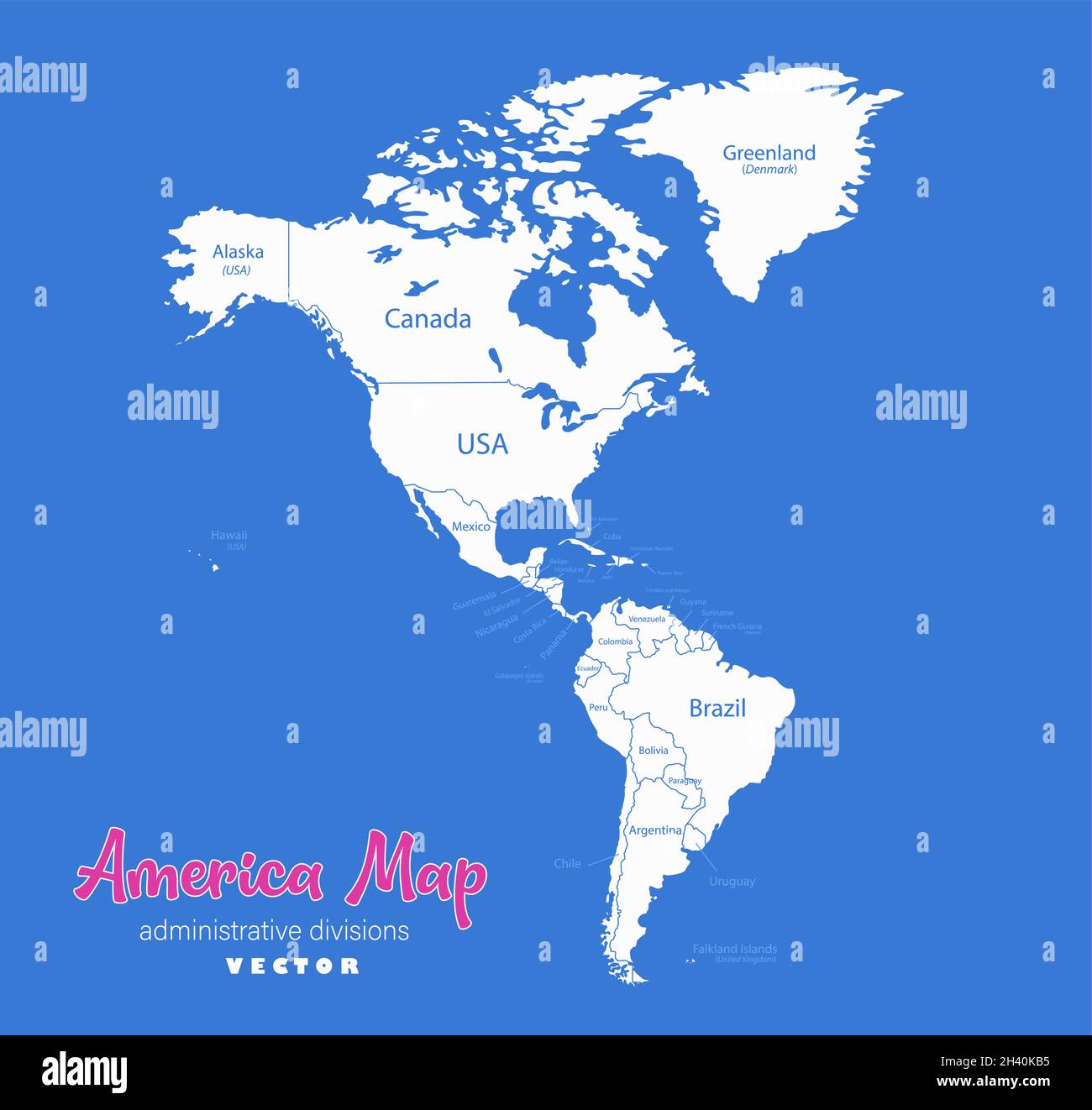 Mappa America, stati separati con nomi, vettore di sfondo blu Illustrazione Vettoriale