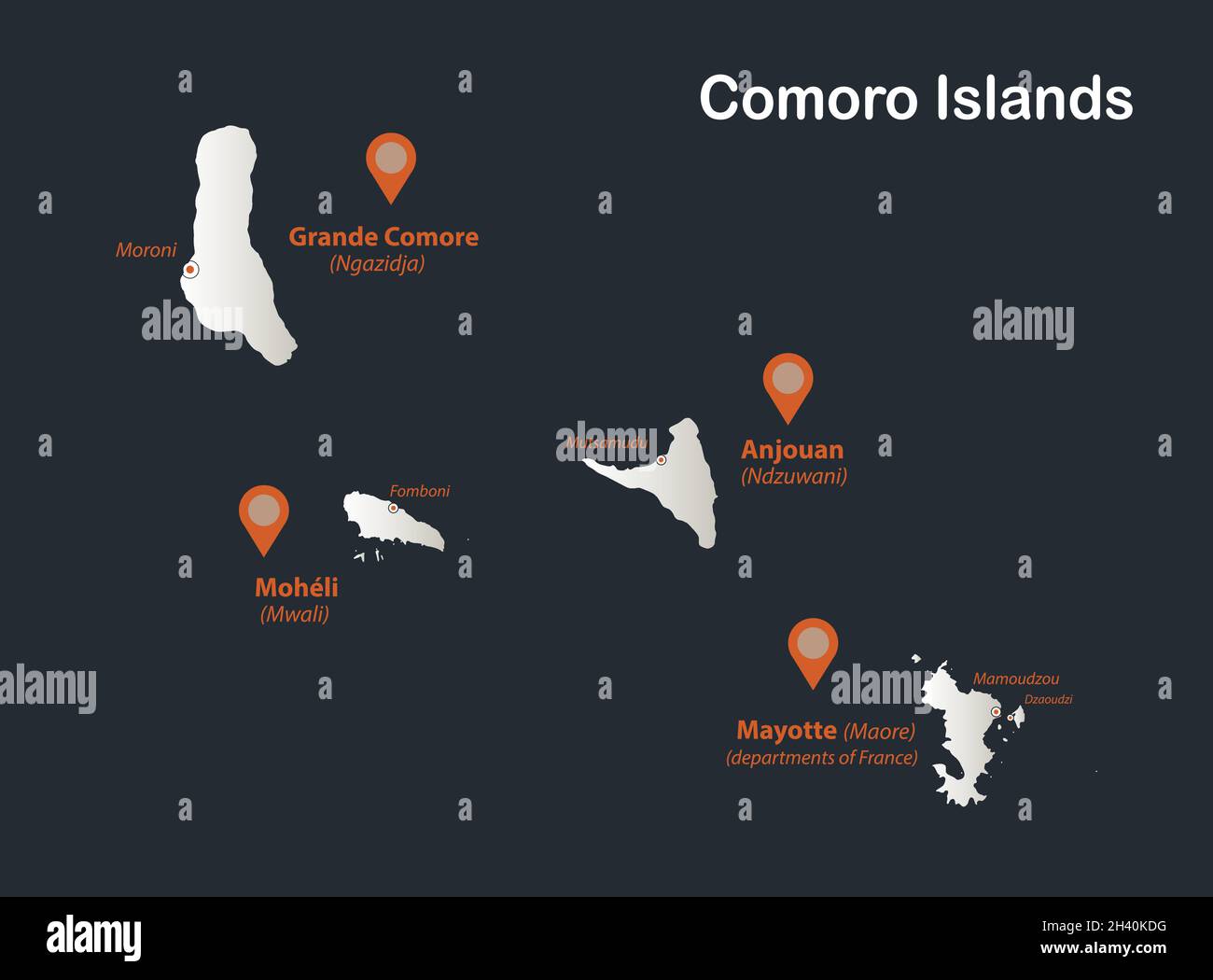 Mappa dell'isola di Comoro, infografica design piatto colori bianco neve, con nomi, vettoriale Illustrazione Vettoriale