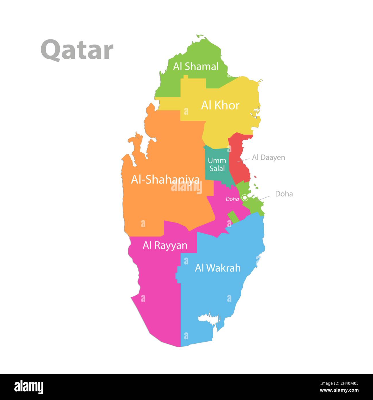 Mappa del Qatar, divisione amministrativa, separare le singole regioni con i nomi, mappa dei colori isolata su vettore di sfondo bianco Illustrazione Vettoriale