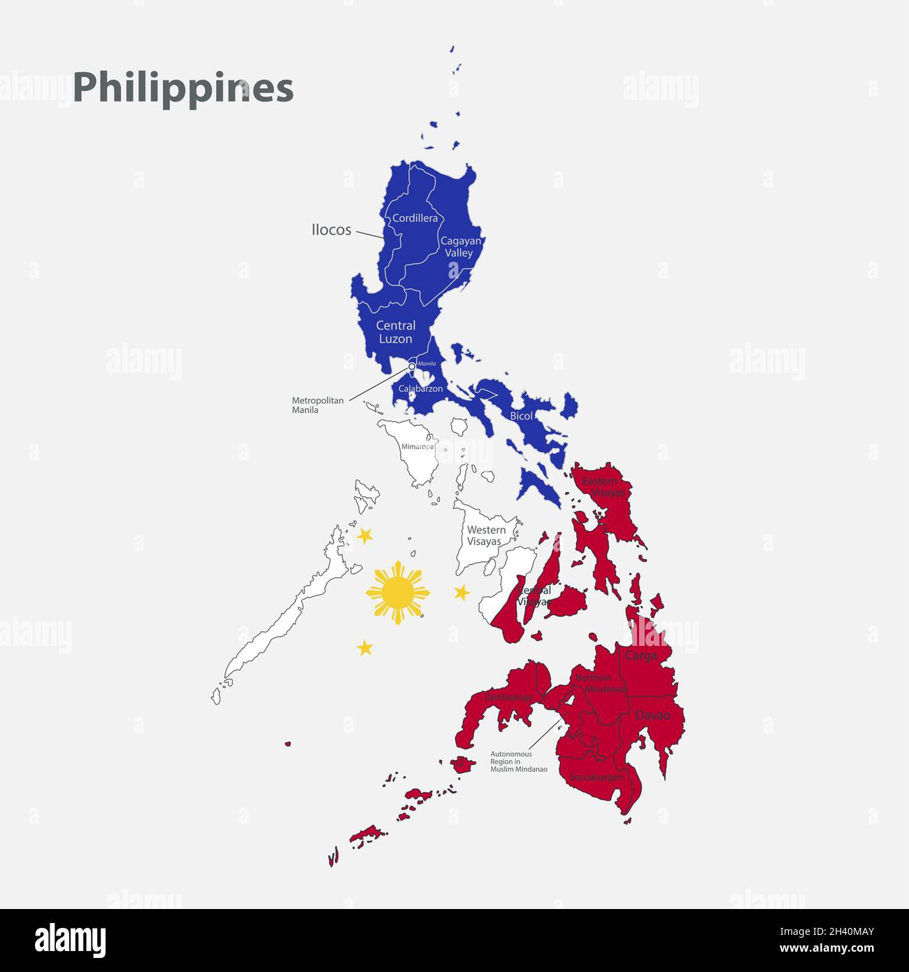 Mappa delle Filippine nei colori della bandiera con vettore delle divisioni amministrative Illustrazione Vettoriale
