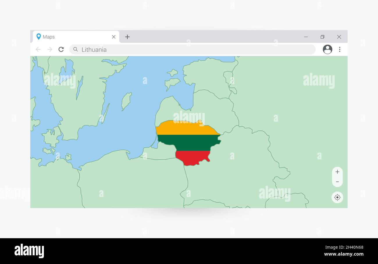 Finestra del browser con la mappa della Lituania, cercando la Lituania in internet. Moderno modello di finestra del browser. Illustrazione Vettoriale