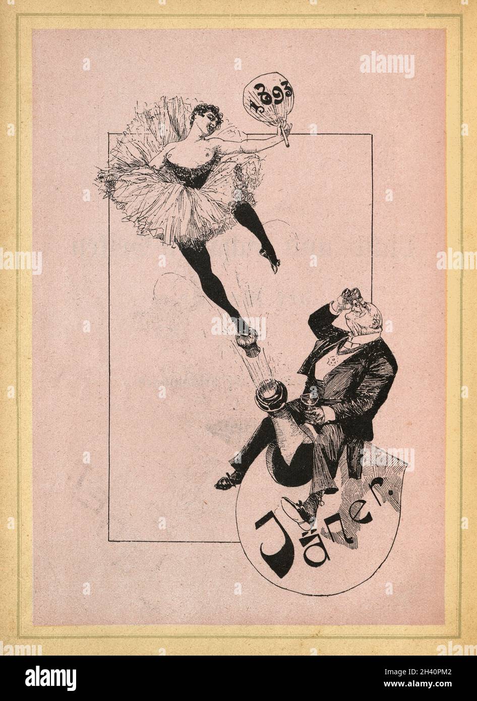 Showgirl che esplode da bottiglia di champagne, festeggiamenti di Capodanno, 1893, caricatura vittoriana Foto Stock