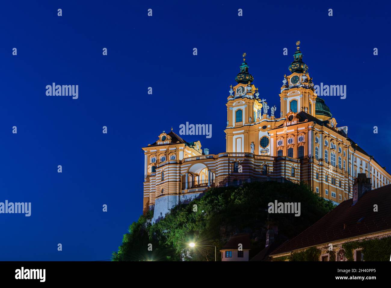 Abbazia di Melk a Wachau, Austria di notte Foto Stock