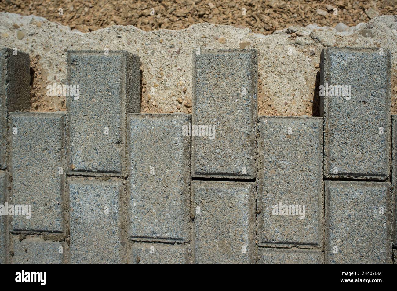 Pavimentazione in cemento acciottolato in costruzione. Posa di pezzi di pavimentazione interbloccanti Foto Stock