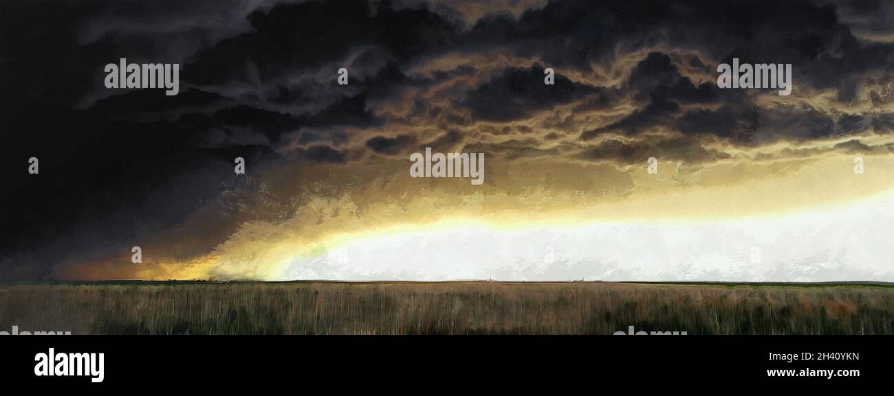 Tornado sull'orizzonte della superficie terrestre. Ampia vista panoramica. Lavoro artistico Foto Stock