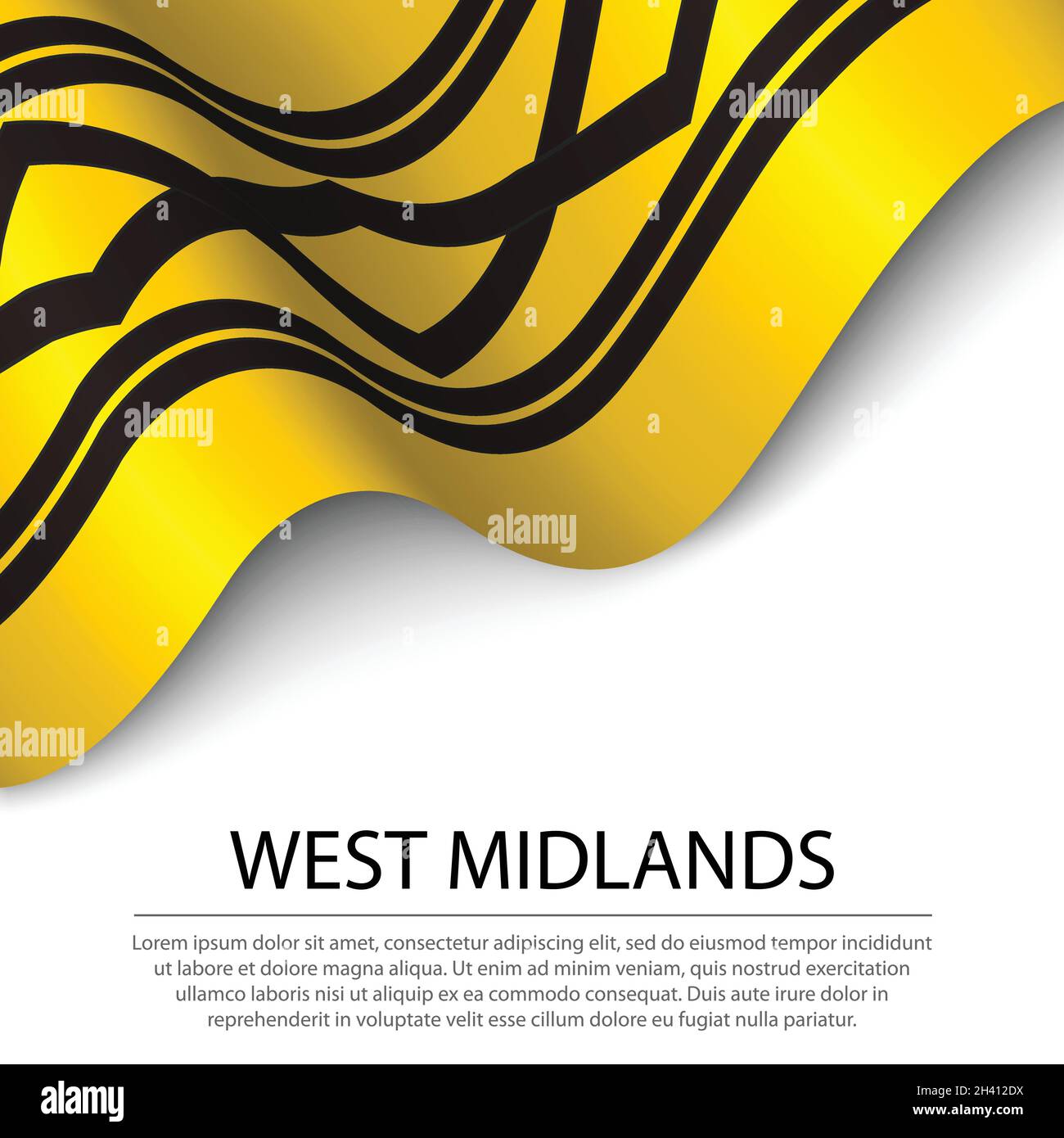 La bandiera delle West Midlands è una contea dell'Inghilterra su sfondo bianco. Modello vettoriale banner o nastro Illustrazione Vettoriale