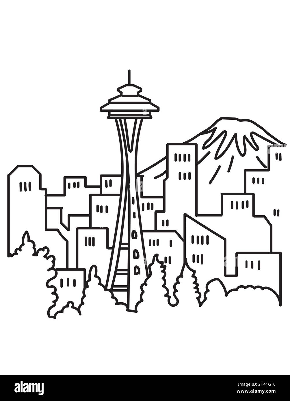 Skyline del centro di Seattle con Space Needle e poster della Mono Line Art di Mount Rainier Washington state USA Foto Stock
