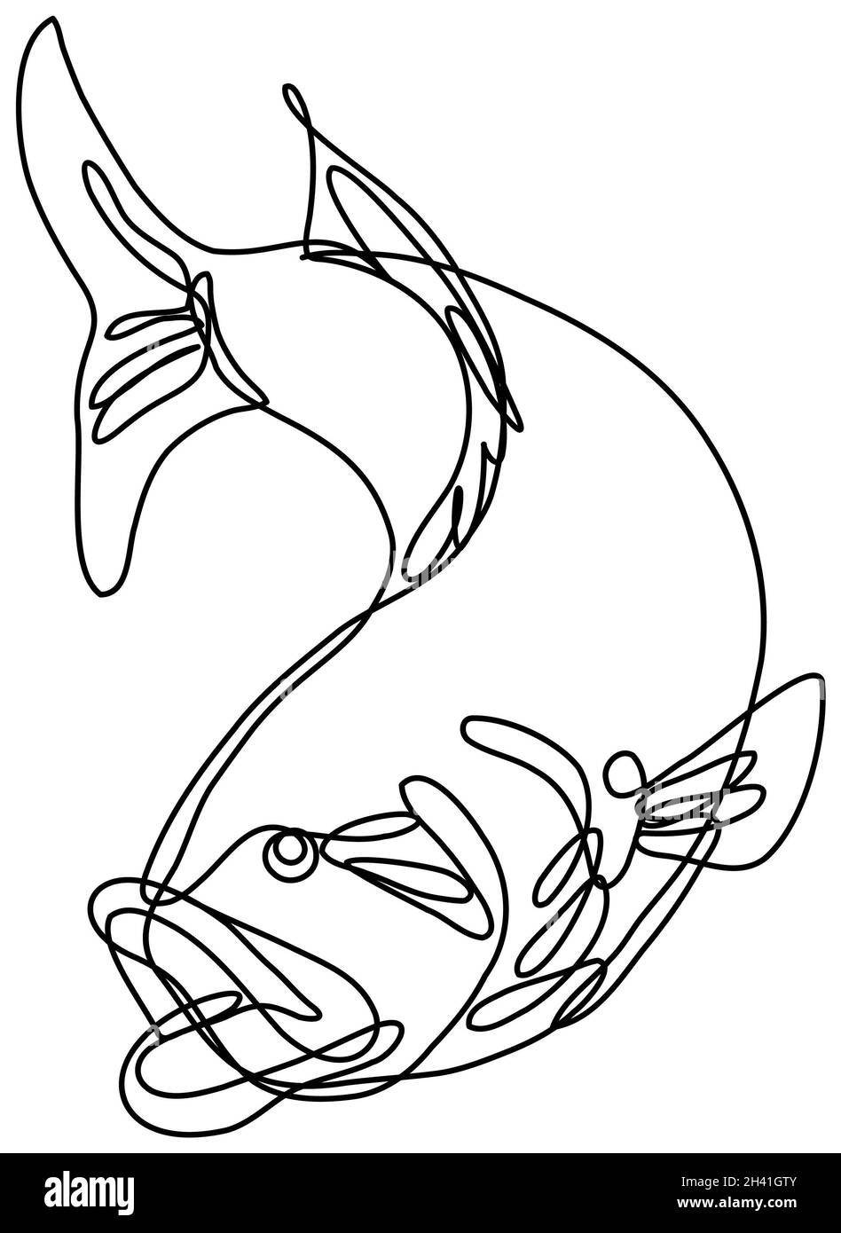 Bucketmouth Bass saltering down Continuous Line Drawing Foto Stock