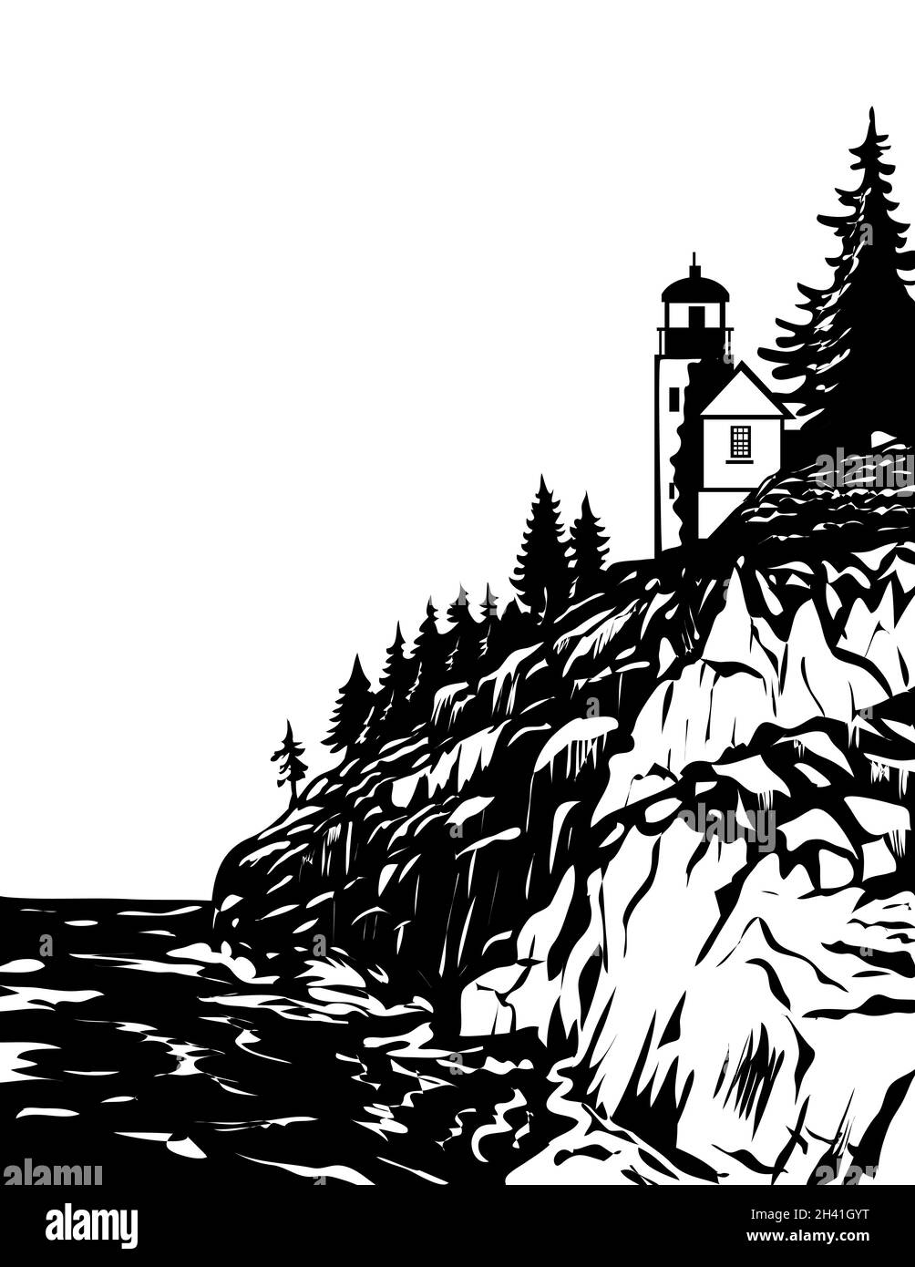 Bass Harbor Head Light ad Acadia National Park Hancock County Maine USA WPA Woodcut Black and White Art Foto Stock