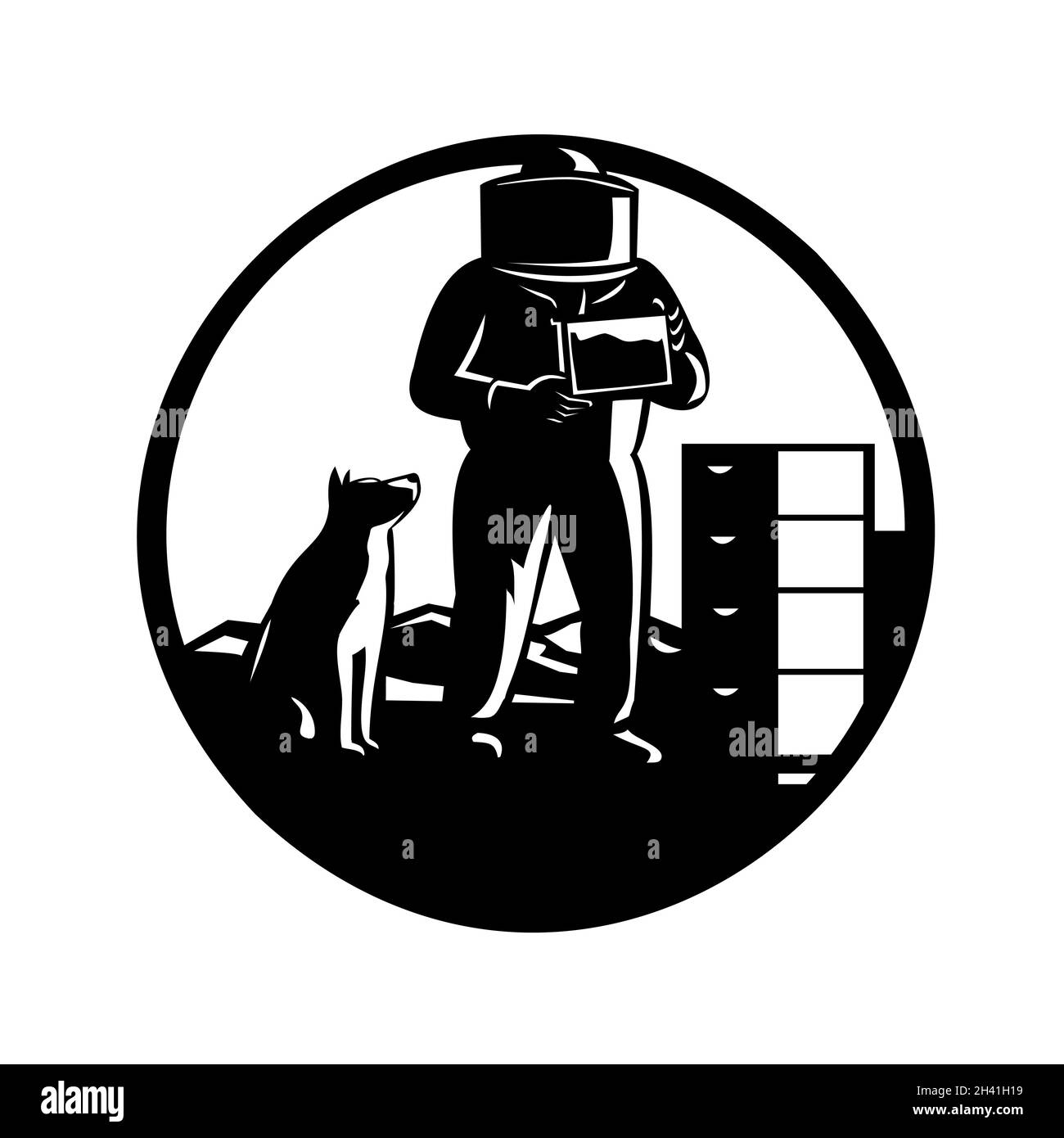 Apicoltore con Bee Suit con Border Collie Dog e Beehive con Mountains Circle Mascot Foto Stock