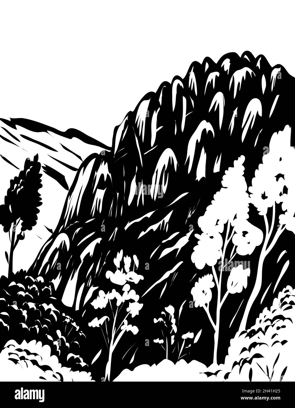 Pinnacles National Park situato a est di Salinas Valley in California Stati Uniti WPA Black and White Art Foto Stock