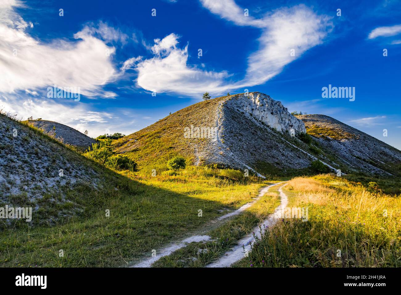 Rocce di gesso bianco o montagne o colline in steppa di gesso, la riserva naturale del Parco Nazionale di Dvorichanskyi in Ucraina, regione di Kharkiv Foto Stock