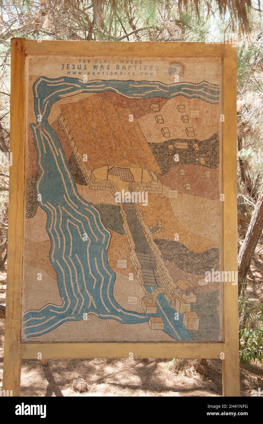 Disegno del fiume Giordano come è immaginato al tempo del Battesimo di Cristo, Betania, Giordania, Medio Oriente. Il fiume Giordano si è mosso leggermente da allora Foto Stock