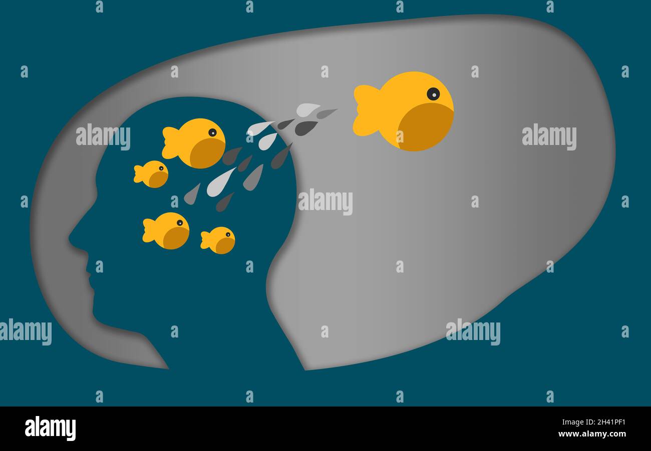 I pesci saltano fuori dalla testa umana Foto Stock