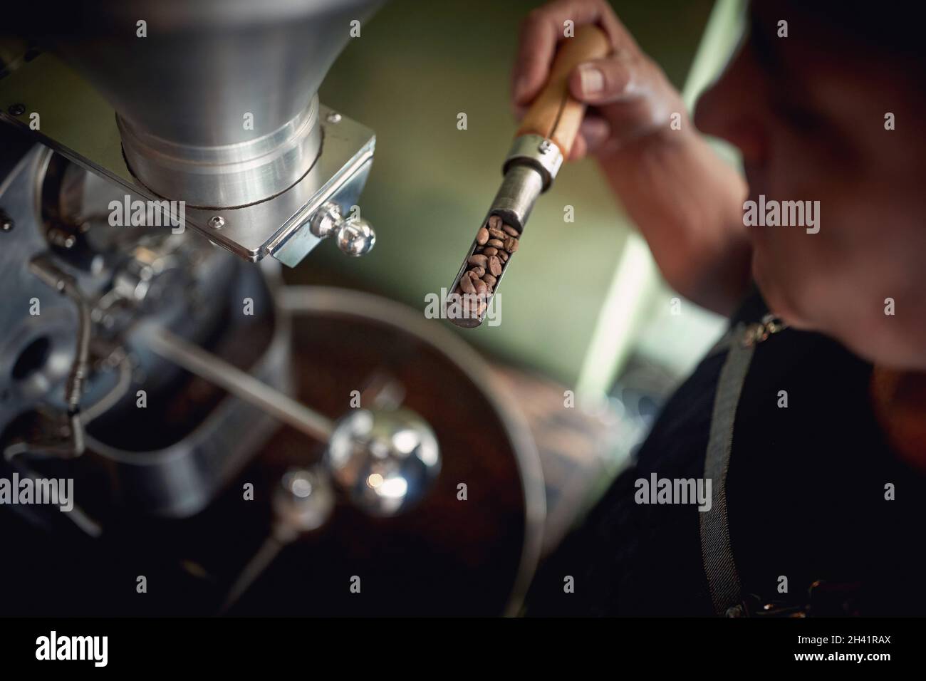 Un uomo sta analizzando chicchi di caffè tostati fragranti e aromatici nel macinacaffè. Caffè, bevande, produzione Foto Stock
